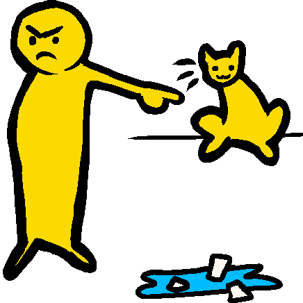A yellow person pointing at a smiling yellow cat, while broken pieces of glass and water on the floor.